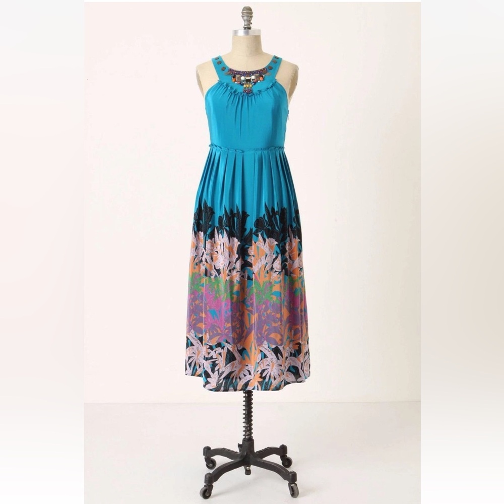 Anthropologie Moulinette Soeurs Turquoise Floral Border Halter Maxi Dress